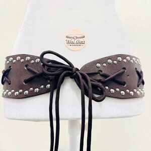 Y2K 2000s style Brown leather studded belt with silver studs and lace up front